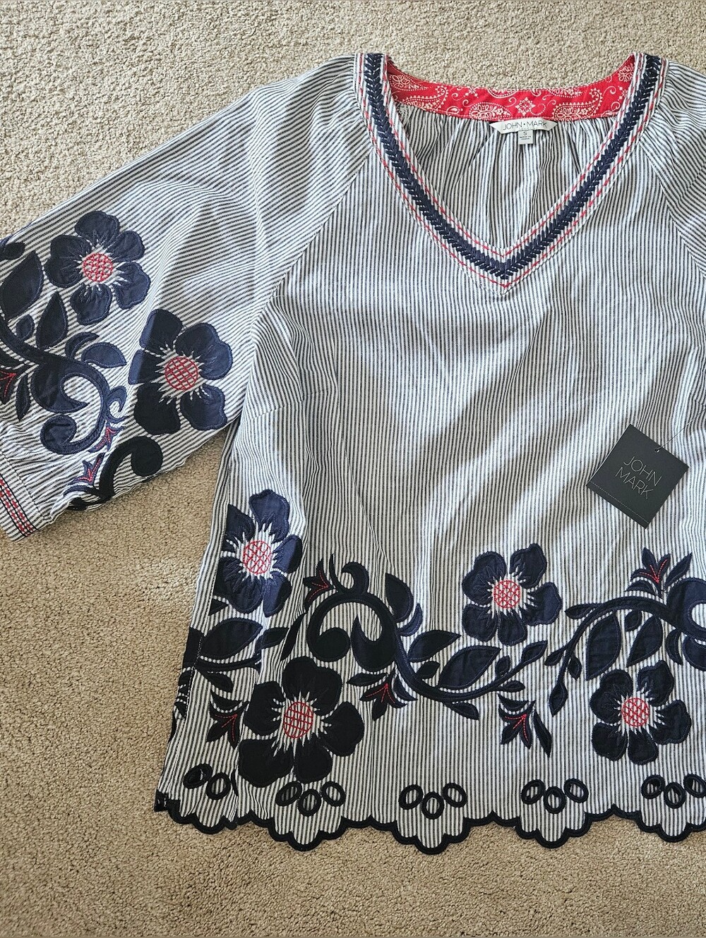 John Mark Embroidered Blouse, Small, Blue And Red